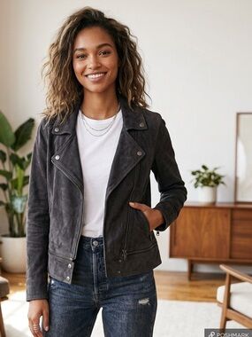 Michael Stars Charcoal Goat Suede Leather Biker Jacket